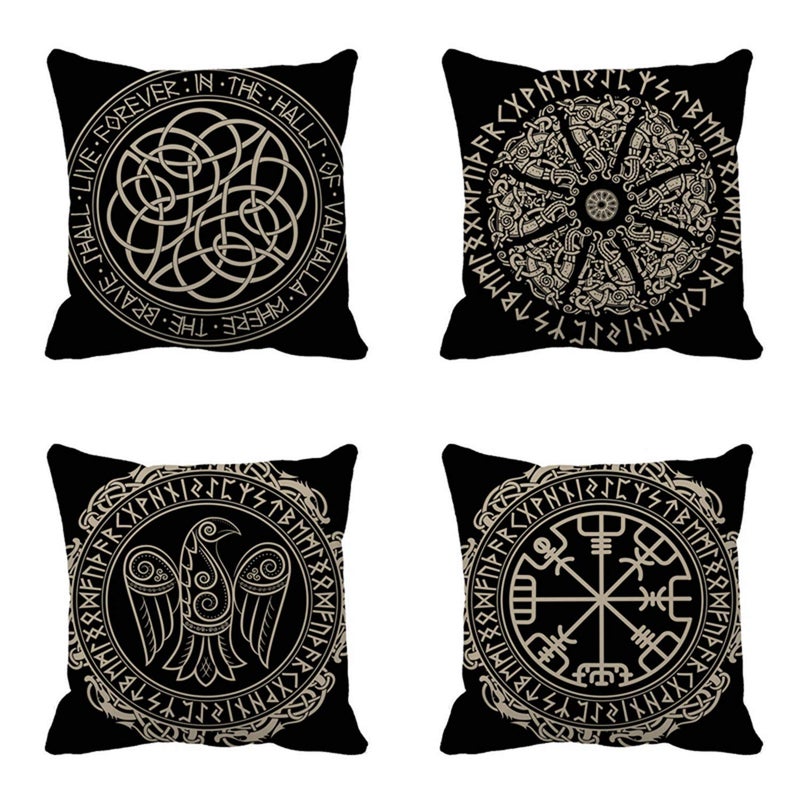 rouihot Set of 4 Throw Pillow Covers Nordic Ancient Scandinavian Shield Viking Magical and Runes White Black Emblem 18x18 Inch Home Decor Pillowcases Square Pillow Cases Cushion Covers for Sofa - Image 1